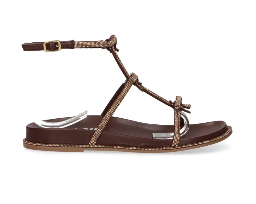 SANDALO IN PELLE E STRASS MARRONE