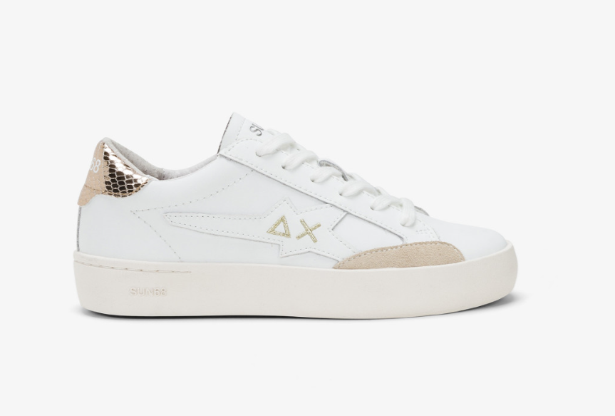 SNEAKERS IN TESSUTO E PELLE BIANCO ORO